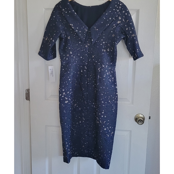 Rickie Freeman for Teri Jon Navy and Gold Midi Dress - Picture 8 of 11